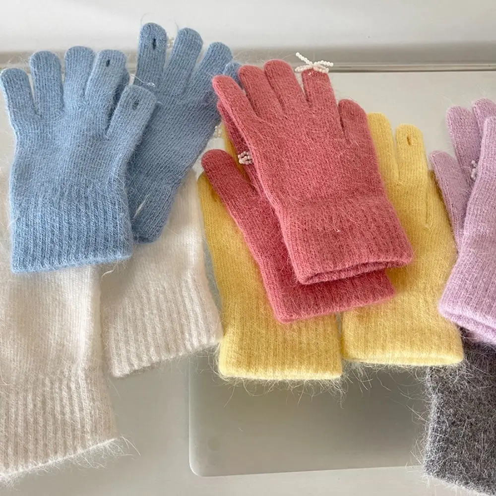 Guantes de punto con lazo de perlas para mujer, mitones de lana cálida, Color caramelo, Color sólido, pantalla táctil, Kawaii, Invierno