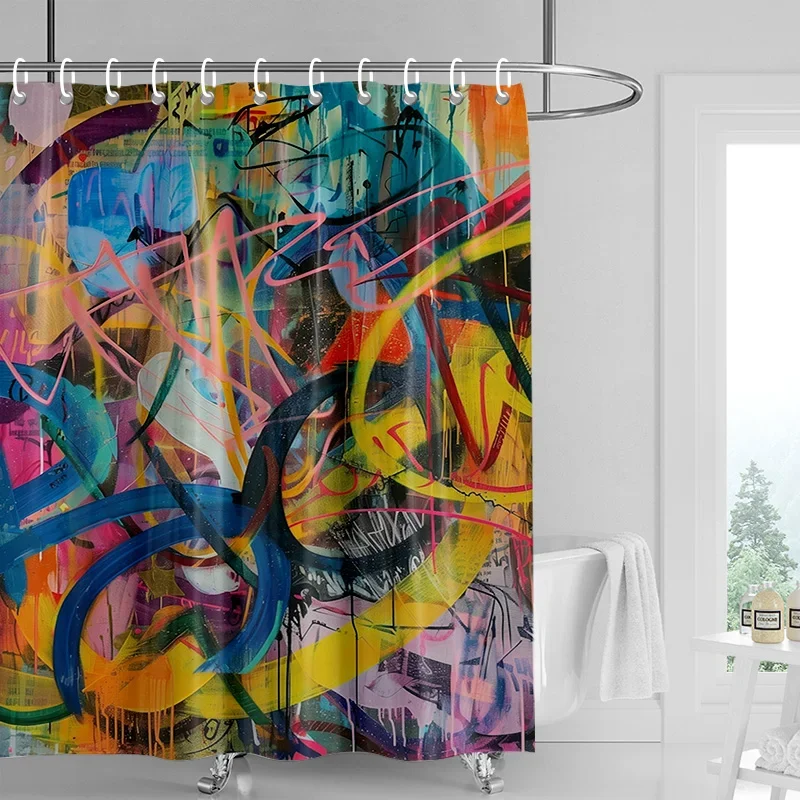 

Занавеска для душа с граффити-неоновая водонепроницаемая занавеска для ванной комнаты с рукописным краем, современная занавеска для душа для ванны
