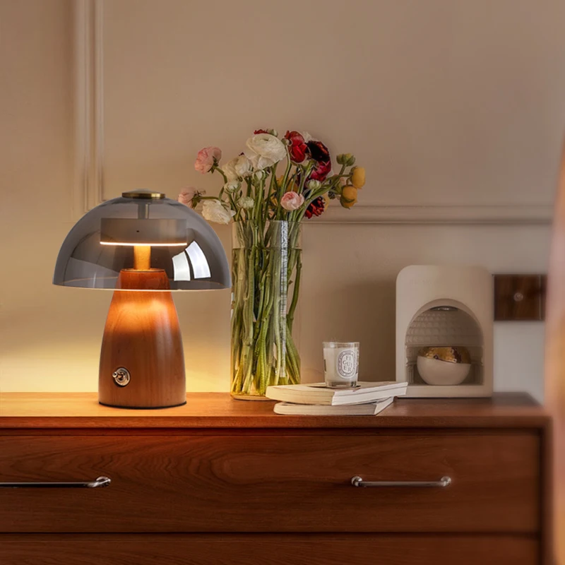 مصباح فطر برأس من الخشب الصلب، مصباح ليلي، ديكور إبداعي، مصباح مكتبي لغرفة النوم، جو منزلي بسيط