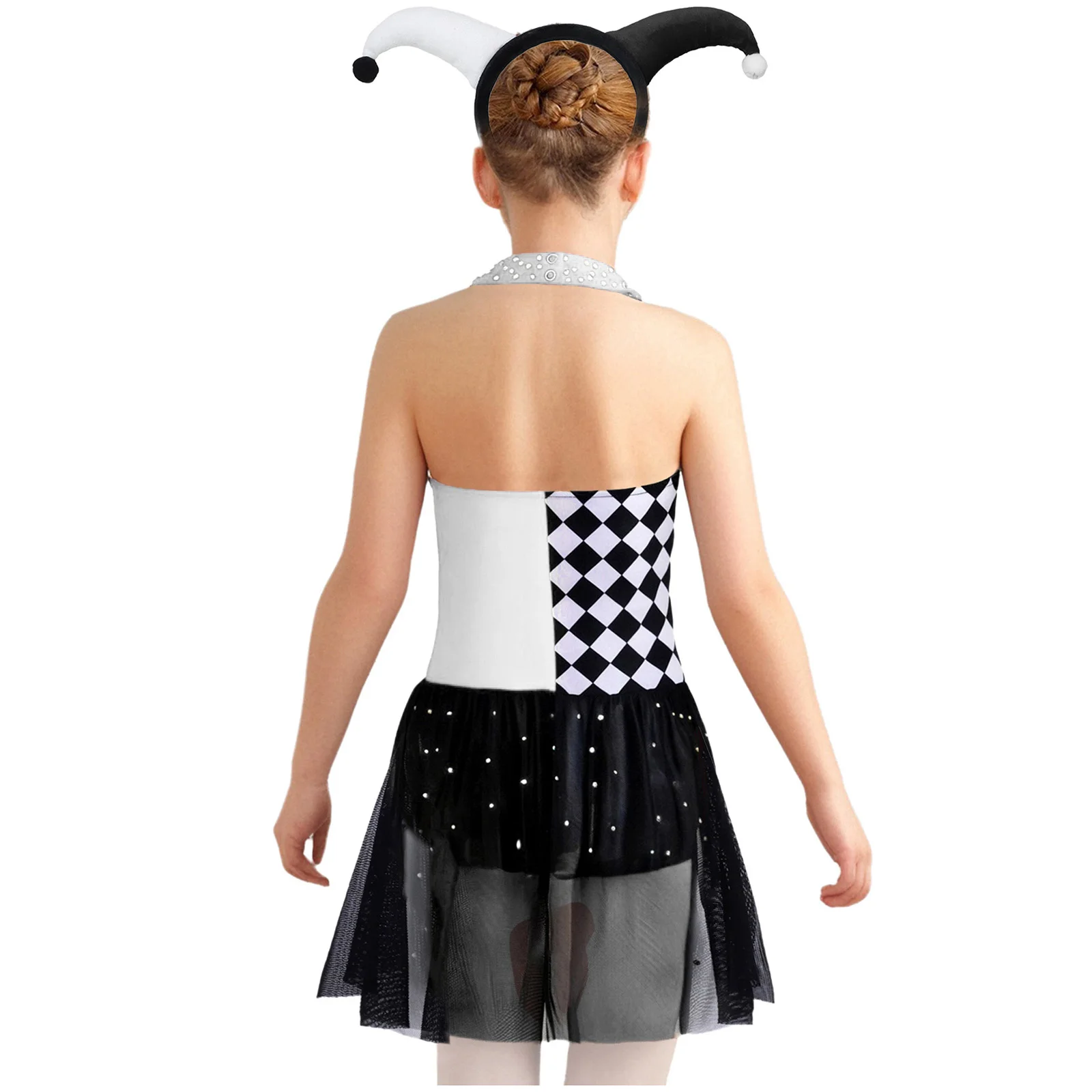 Girls Halloween Circus Clown Costume Kids Carnival Party Joker Outfits Rhinestone Mesh Leotards Jumpsuit And Clowns Headwear