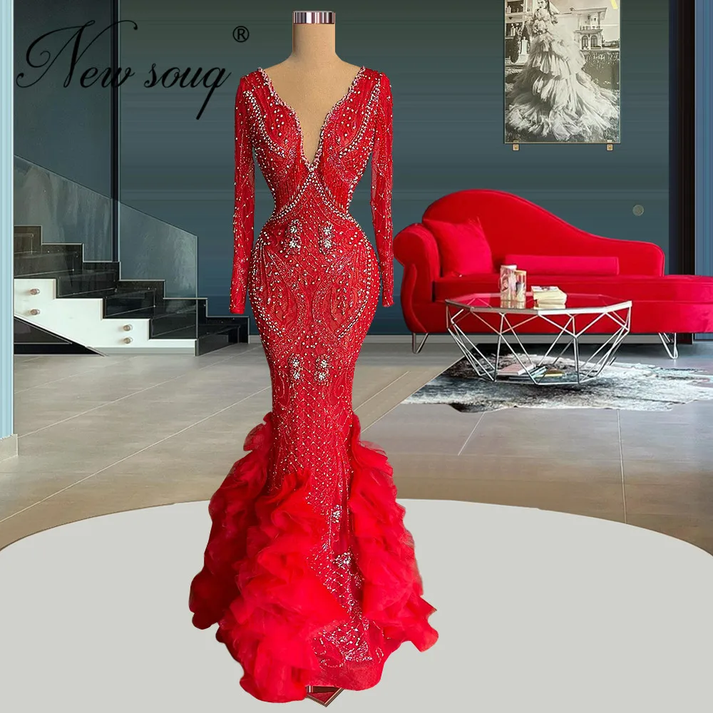 

Newest 2022 Muslim Red Celebrity Dresses Handmade Beaded Cocktail Evening Wear Robe Femme Dubai Couture Party Prom Dress Evening