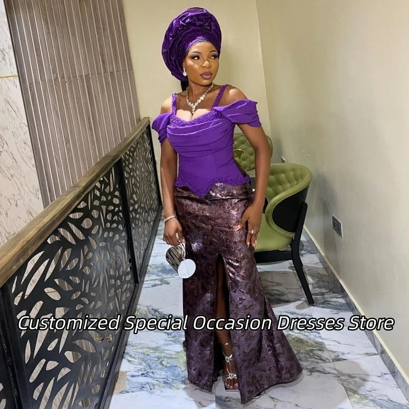 

Purple Off The Shoulder Beaded Evening Dresses Asoebi Nigerian Ruffles Dinner Dress Wedding Party Gowns For Females Customized