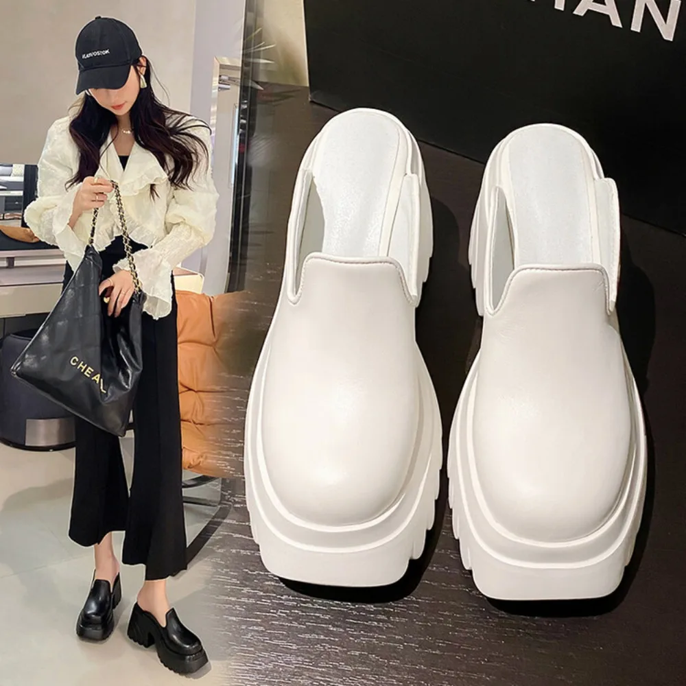 2024 New Genuine Leather Women Sandals Summer Fashion Outdoor Close Toed Casual Beach Slippers Thick Heel Slip On Women Sandals