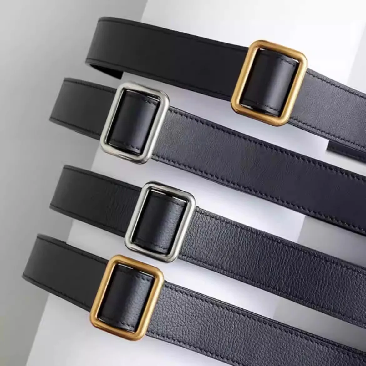 2024 New Luxury Belt Ladies Imported from France lychee Grain & Fine Grain cowhide Minimalist Stylish Square Buckle Belt