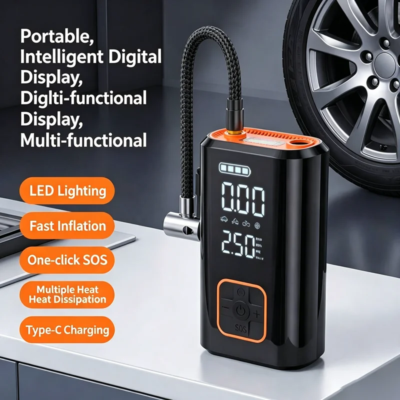 MQHS Portable Wireless Air Pump Tire Inflator Charging LCD Digital Display Car Motorcycle Tire Multifunction Air Combination