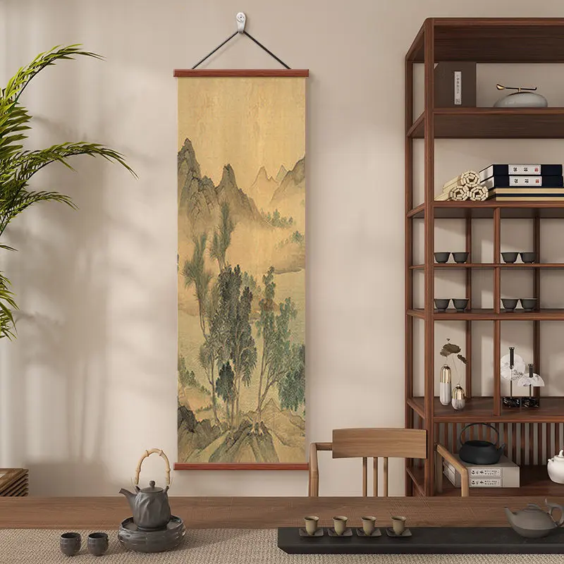 Chinese Vintage Lake Mountain Spring Scroll Hanging, Song Style Landscape Art, Tea Room Private Room Study Wall Decor
