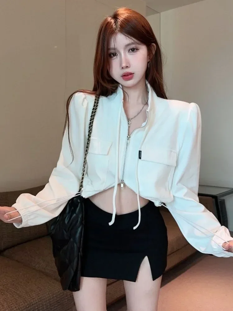 

Новые Y2k Эстетические универсальные женские куртки с двойной молнией и шнурком, однотонные женские топы в стиле Харадзюку, модные повседневные укороченные топы с карманами