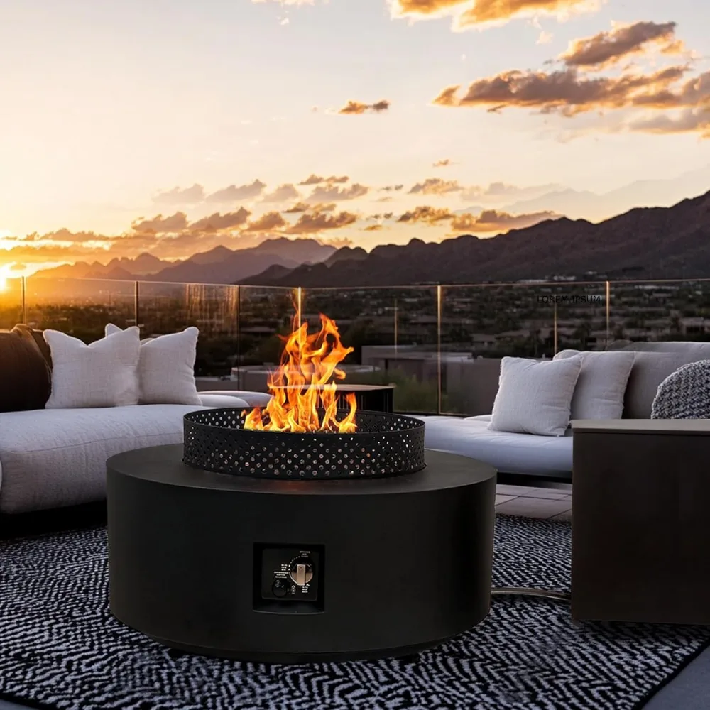 

3-Piece Outdoor Fire Pit Table, 32 Inch Propane Fire Table 65,000 BTU Black Round Gas Firepit, Baking Sheet, Wind Guard and 16 i