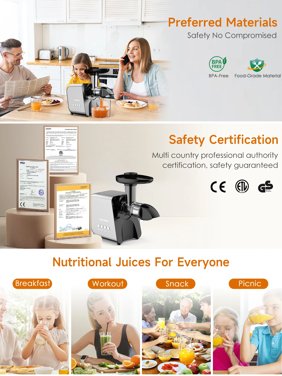 250W Slow Cold Press Fruit Juice Extractor, Anti-jam Reverse, Easy Clean, BPA-Free Quiet Household Vegetable Juicer