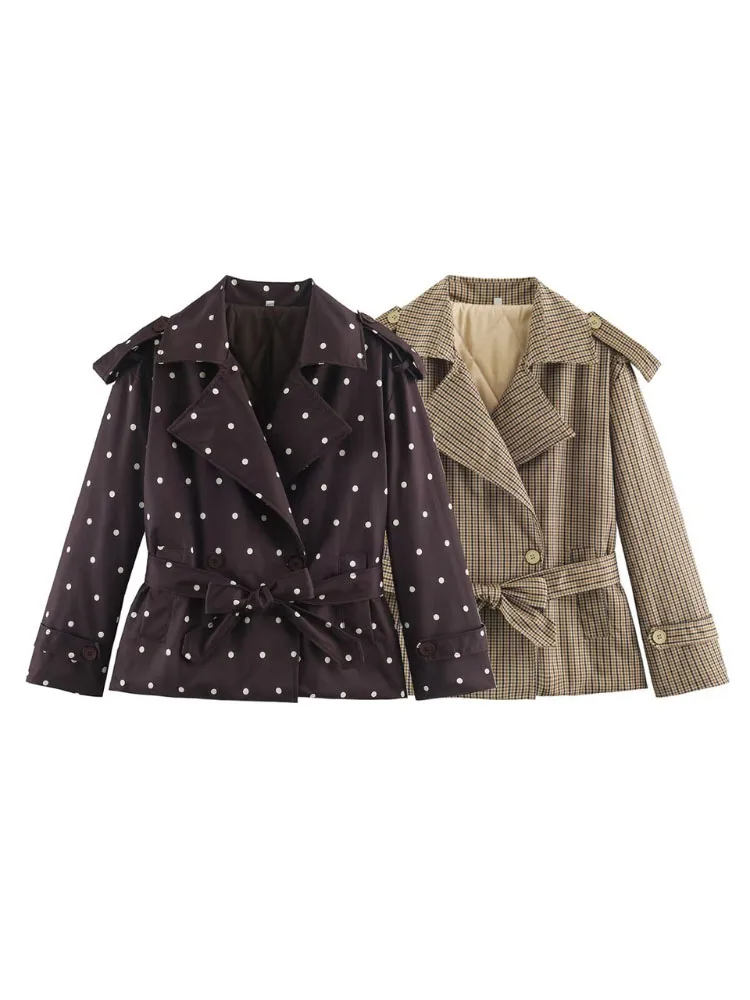 HH Women Vintage Plaid Polka Dot Trench Jacket Autumn Spring Belted Waist Double Breasted Coat Office Street Style Outerwear