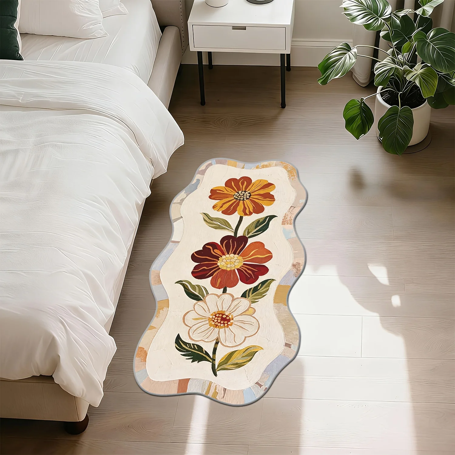 VIKAMA Three Flowers Pattern Runner Rug for Bedroom, Soft Flannel Bedside Floor Mat, Anti Slip Non Fatigue Doormat, Home Decor