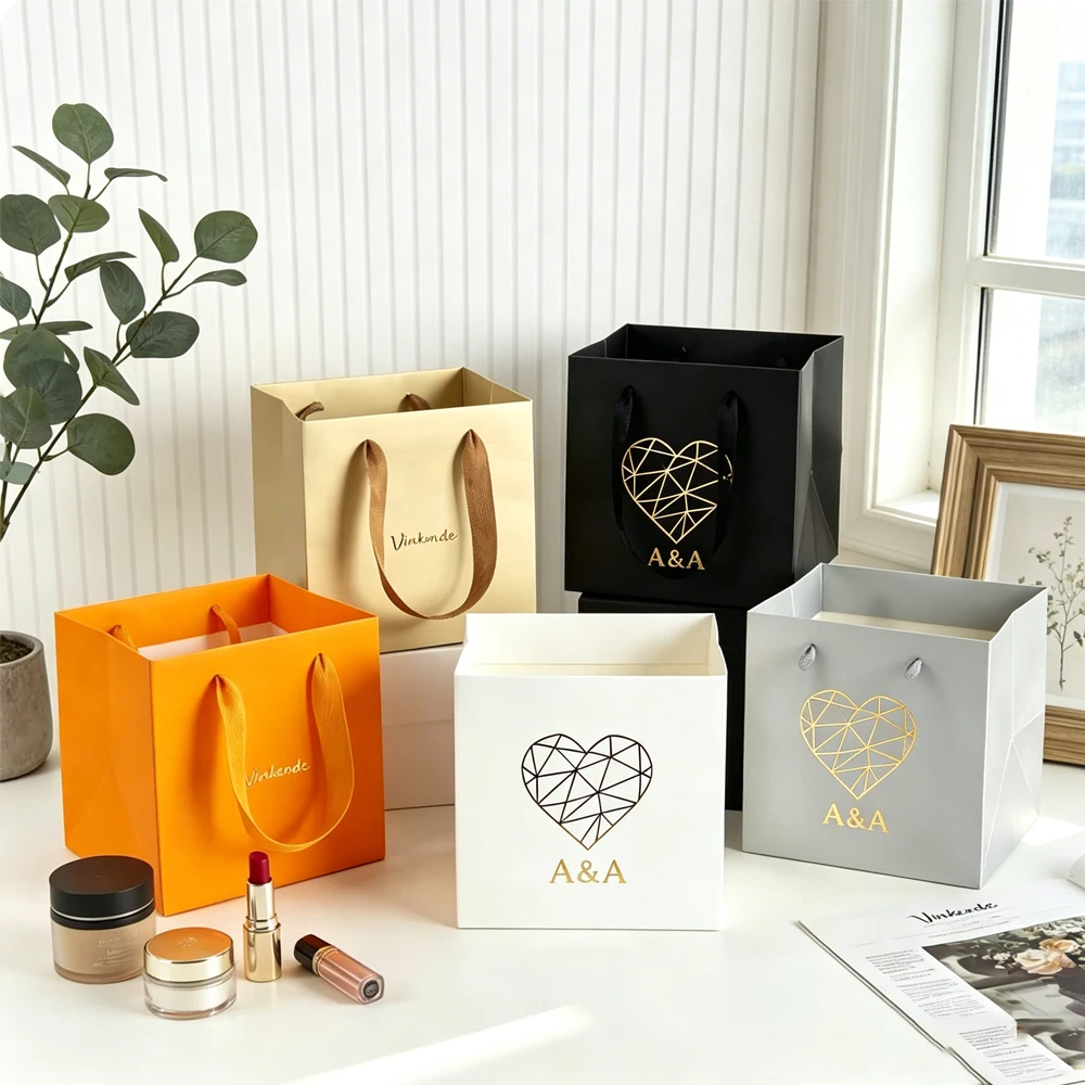 

24pcs Personalized Logo 10x6x10cm Kraft Paper Jewelry Packaging Bag with Handle Earrings Rings Brooch Flower Wedding Favor Bags