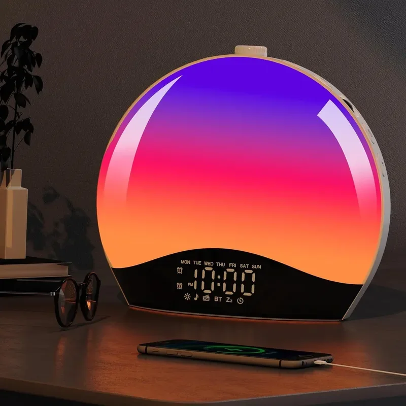 Simulated Sunrise Wake Up Light LED Desk Lamp with FM Radio Dual Alarm Clock Sleep Night Light Ambient Mood Lighting for