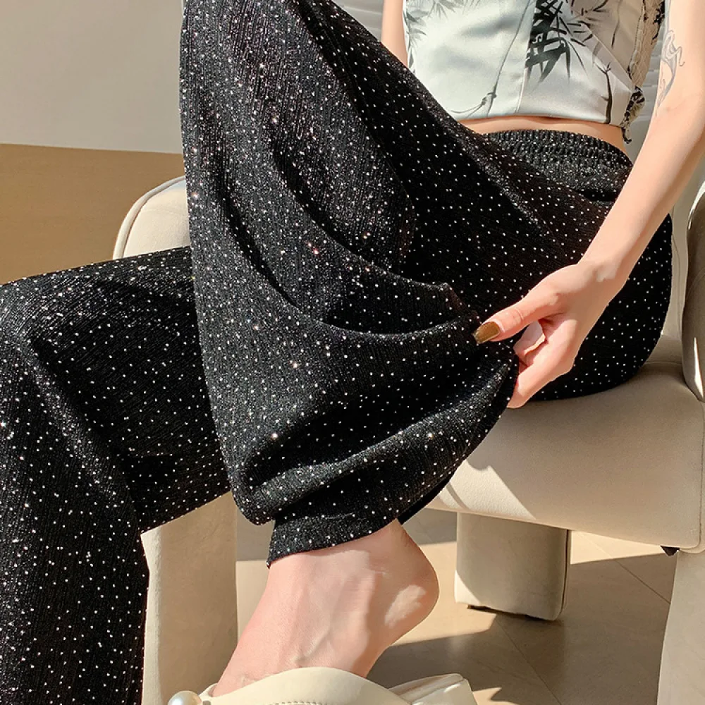 Women Summer Rhinestone Wide Leg Trousers High Waist Loose Drape Pants Casual Shiny Texture Fashion Streetwear Bottoms