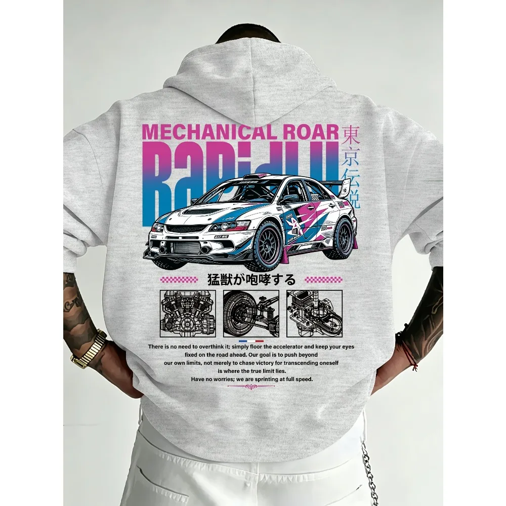 Vintage JDM Racing Car Graphic Hoodie Engine Blueprint Auto Art Sweatshirt Casual Street Style Unisex Oversized Hoodie