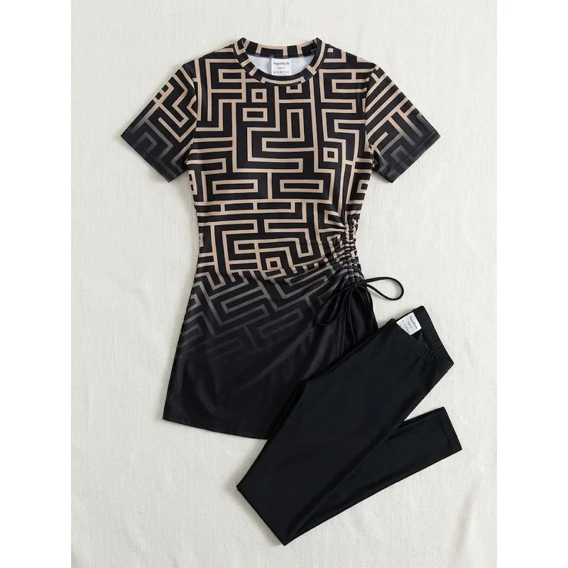 JEWELRY SEN Women Modest Burkini 2-Piece Geometric Print Short Sleeve Skirted Top Long Leg Beach Swimwear