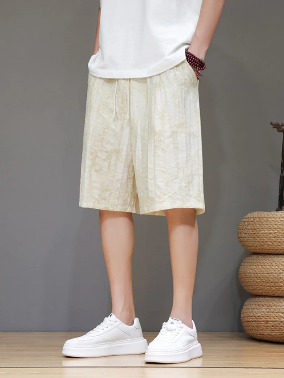 

High-End Linen orts Men's Summer New Chinese Sle Embroidered Ice Silk Qui Dry Beach Pants Five-Quarter Casual ...