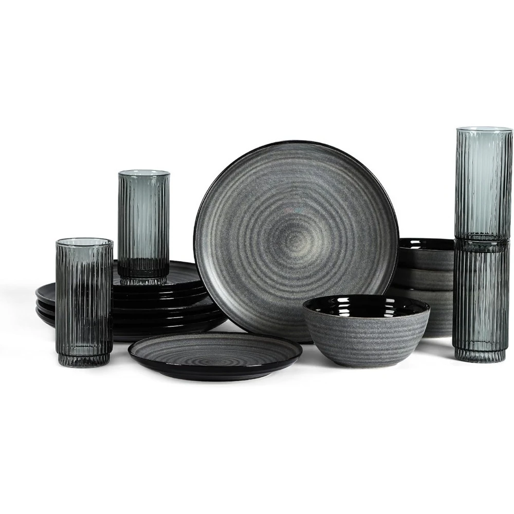 

Набор столовой посуды из 16 предметов, керамогранит, боросиликатное стекло, черный