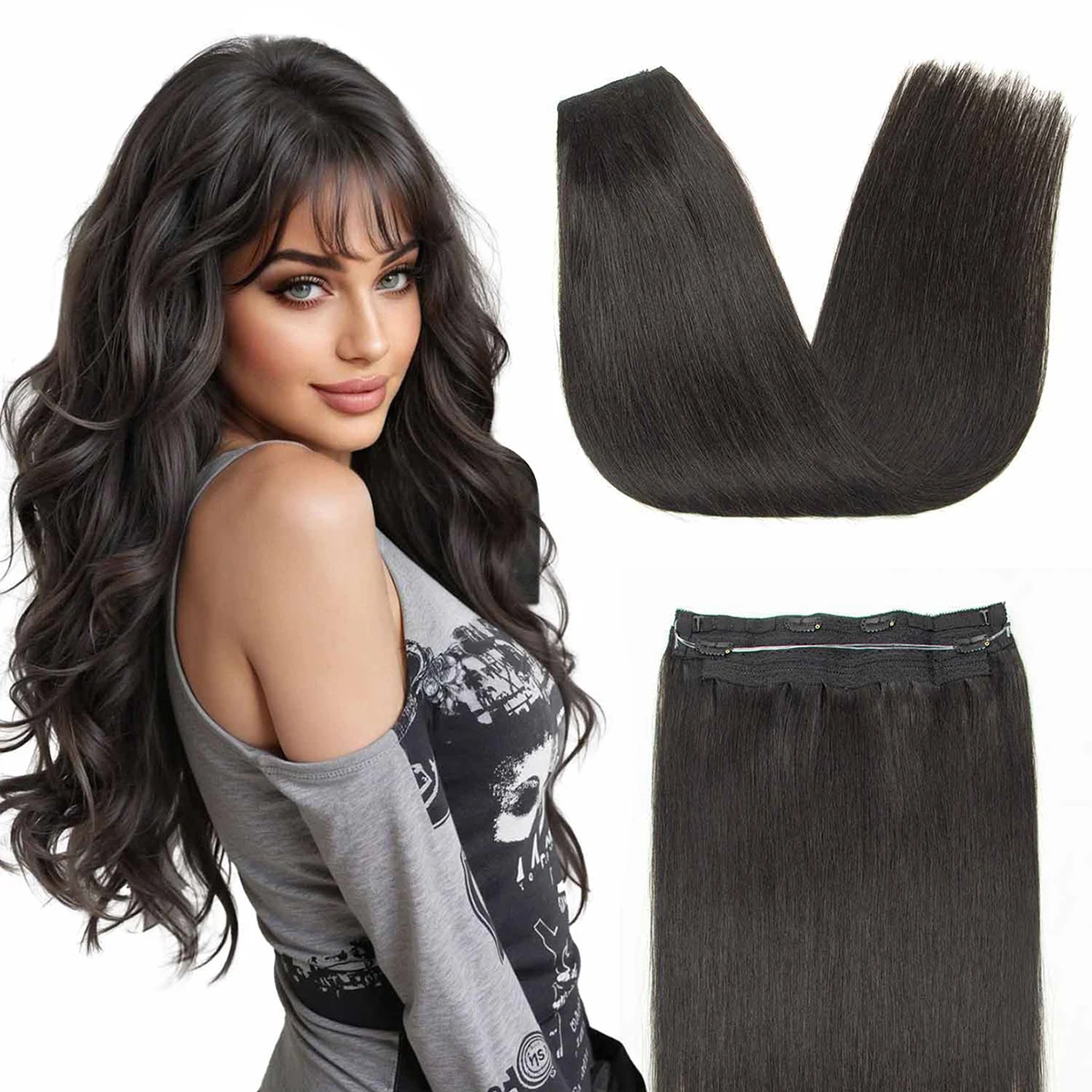 

Fish Line Wire Hair Extensions Invisible Clip in Human Hair Extensions 4 Clips Real Natural Hair 14-20 inch