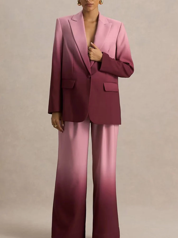 

Women Fashion Commuting Blazer Outfit Elegant Lapel Collar Button with Pant Suit Casual Long Sleeve Loose Gradient Print 2Pc Set