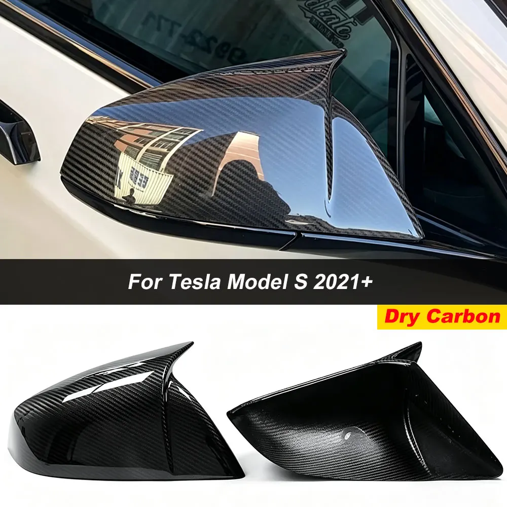 Dry Carbon Fiber M Style Wing Mirror Caps Stick Overlay Cover For Tesla Model S 2021+ Plaid Facelift Side Rearview Mirror Shell