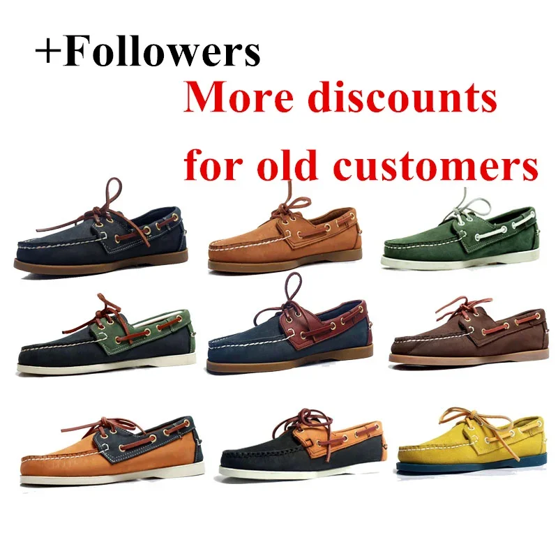 Men\'s Casual Genuine Leather Loafers Lace-Up Sewing Boat Shoes Fashion Unisex Plus Size Handmade Board Shoes Flats Driving Shoes