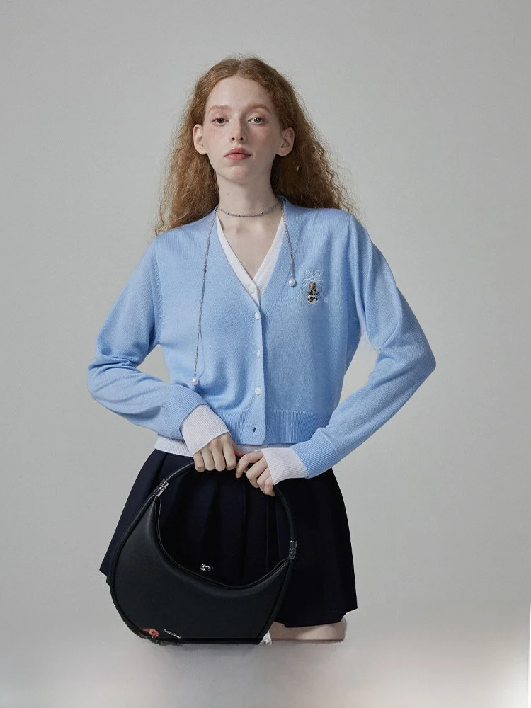 

Sauce Purple Knitted Open Cardigan Puffy Skirt Jeans Sweet Sle Fake Two-Piece Embroidered Long Sve V-Ne Girls' Clo...