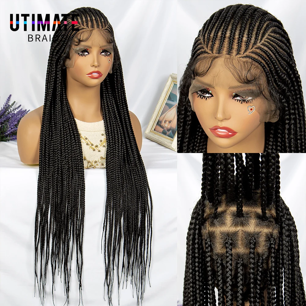 Handmade Synthetic Full Lace Cornrow Knotless Box Braided Wigs with Baby Hair for Black Women 36 Inches Lace Frontal Braids Wigs