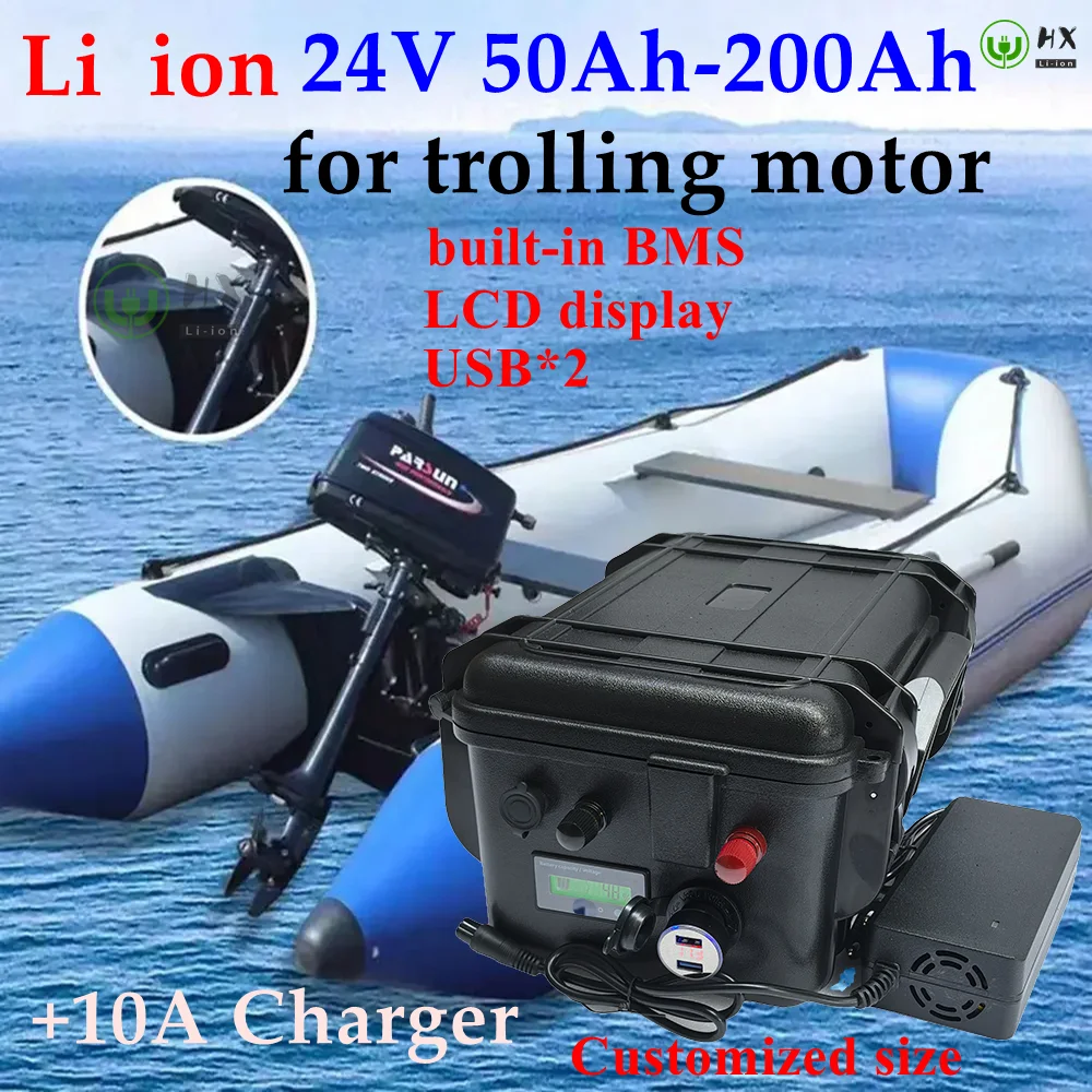 HX-Waterproof IP67 24V 50Ah 60Ah 80Ah 100Ah 120Ah 150Ah 200Ah Lithium Li Ion Battery 24v For Trolling Motor+10A Charger.