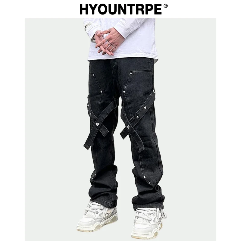 

Fashion Knee Adjust Belt Decoration Denim Jeans Zipper Straight Jeans Hip Hop Streetwear Mens Casual Loose Joggers Jeans Pants