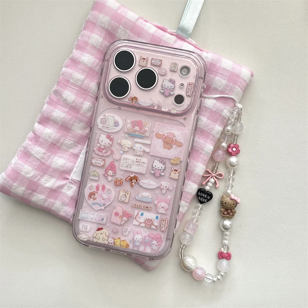 Urocze etui na telefon z króliczkiem i łańcuszkiem w stylu kawaii, odporne na wstrząsy, do iPhone 17 Pro 14 13 15 16 Max 17 Pro Max, koreańskie obudowy, funda. — zdjęcie produktu 2