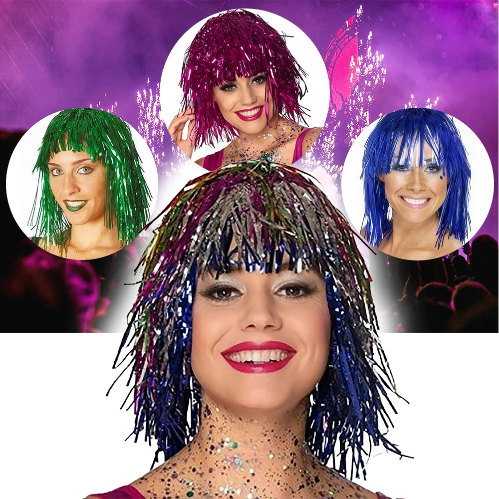 1Pc Foil Tinsel Wigs Costume Cosplay Supplies Funny Shiny Women Metallic Hair For Party Carnival Masquerade Wig Female Dress Up