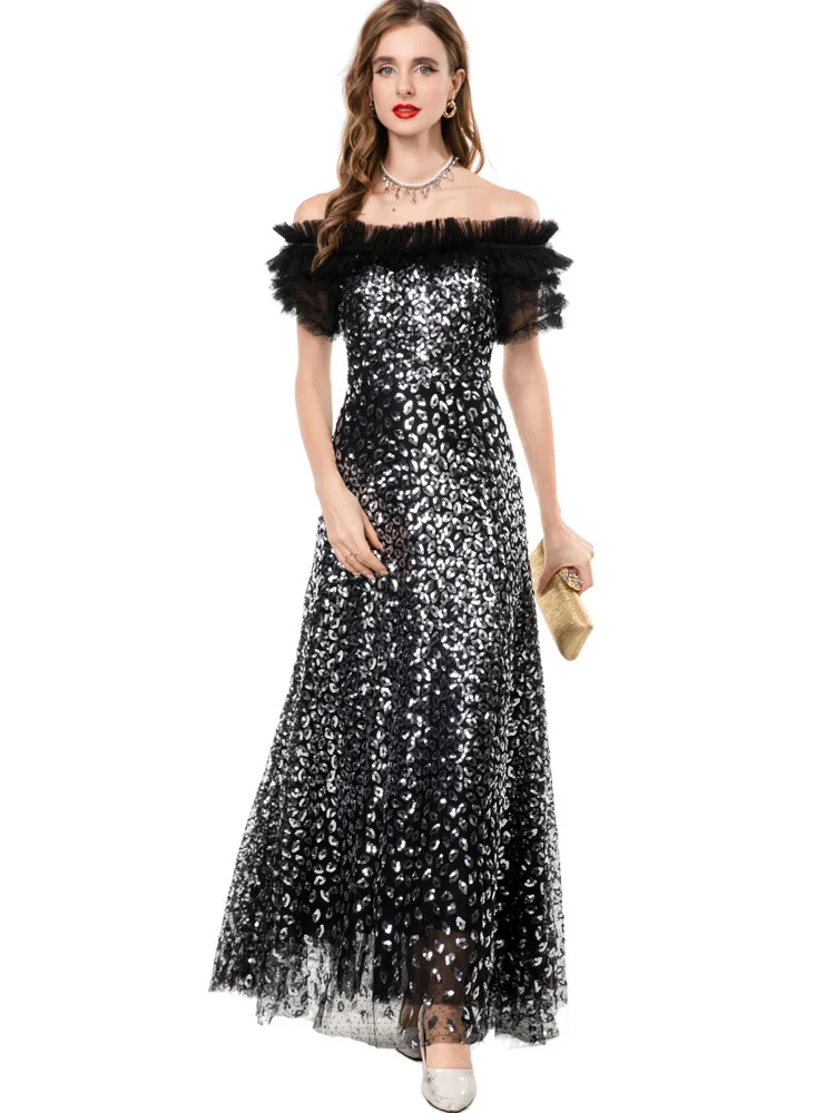 QMQA Mode Damen Elegantes Kleid Pailletten Off-Shoulder Kurzarm Glänzend Schwarz Lange Kleider Sommer Neue 2025, Kleidung QM664