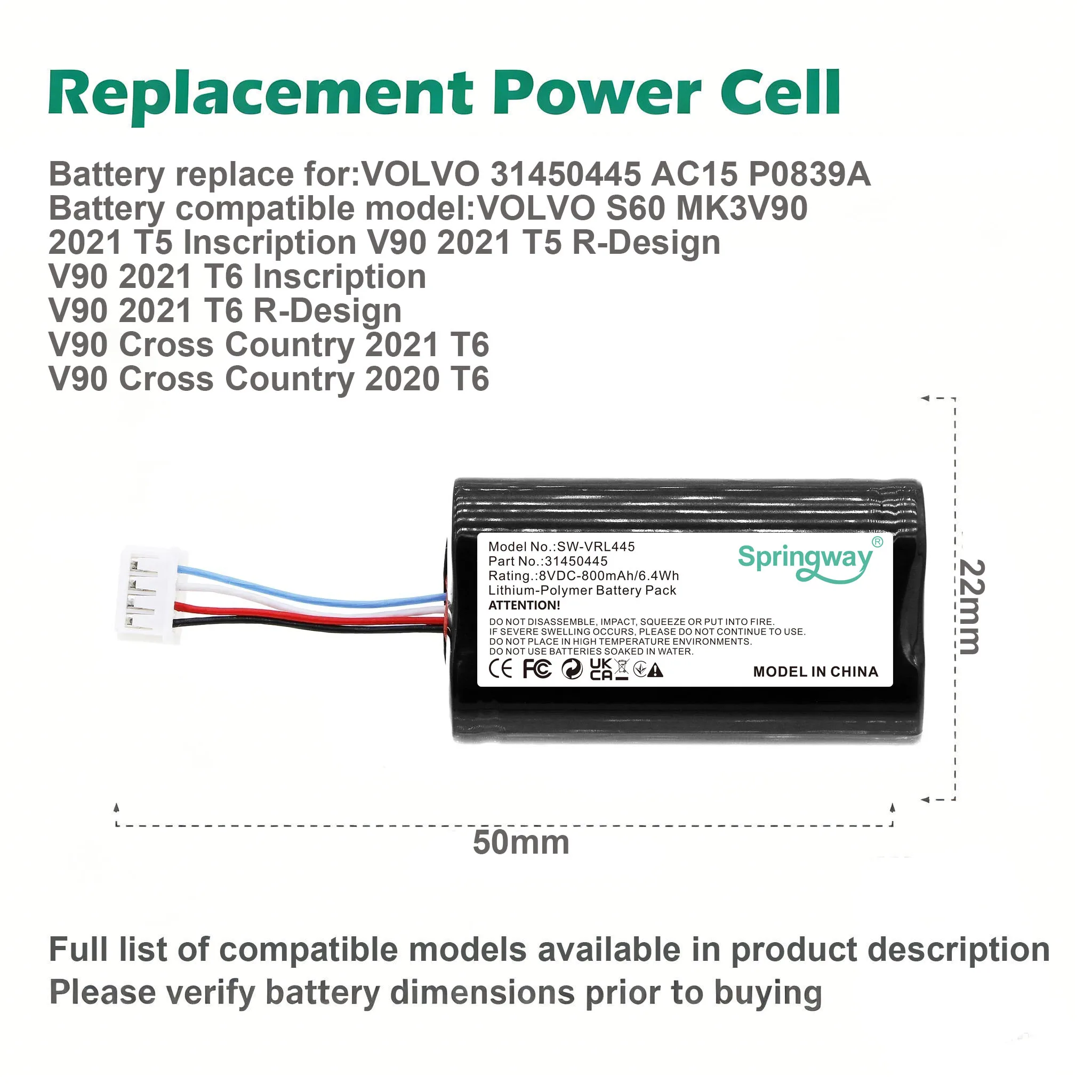8.0V 800mAh BP15 Replacement VCM Battery For Volvo On Call XC90 XC60 XC40 V90 V60 S90 VCM Gateway S/N P0839AREV.J 31450445 GBQ6E