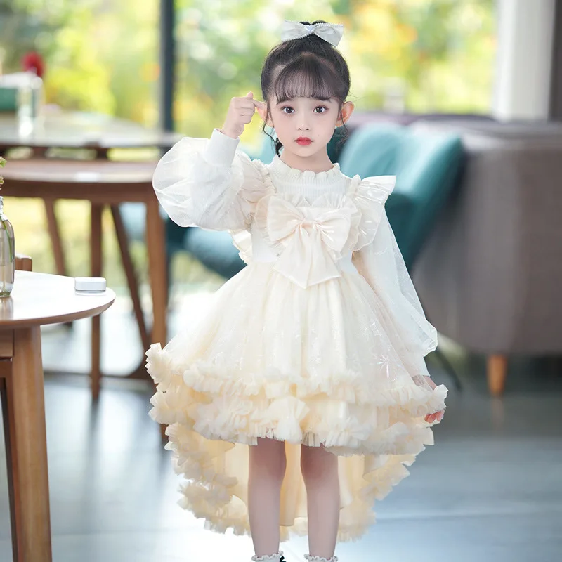 2023 Autumn Winter Girls' Performance Dress Sweet Bow Small Tail Long Sleeve Birthday Princess Ball Gown Flower Girls Dresses