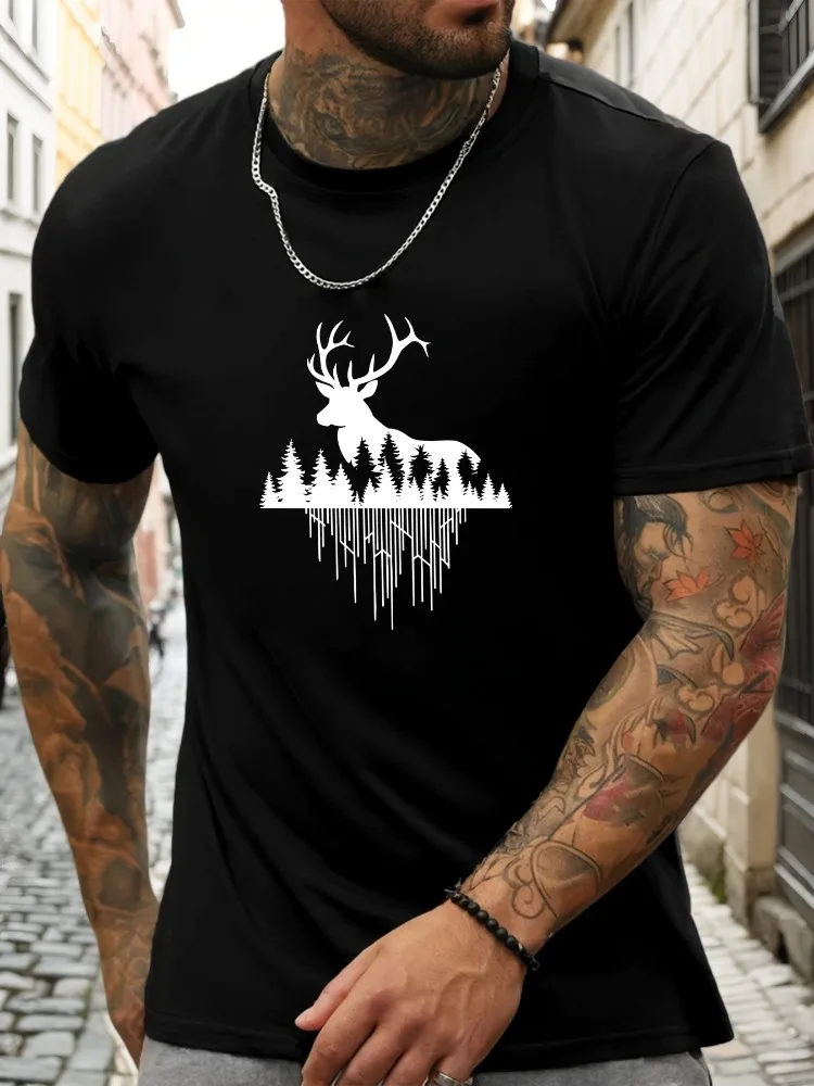 Mens Crew Neck Tee Wild Deer Forest Nature Silhouette Print Soft Cotton Short Sleeve Outdoor Hike Casual Summer Daily Basic Top