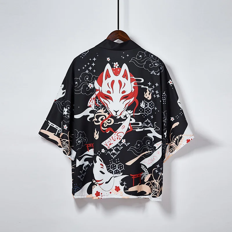 Japanese-Style Retro Loose-Fitting Three-Quarter Sleeve Printed Kimono Cardigan Haori Summer Beach Vacation Swimsuit Bathrobe Cover-Up Sun Protection Clothing