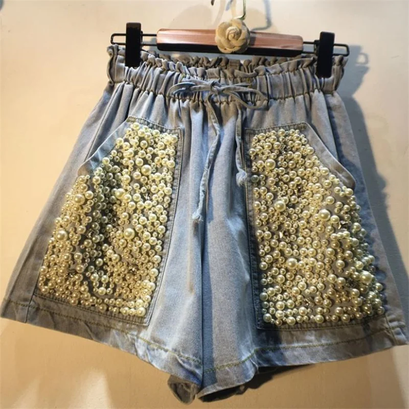 

Summer new elastic waist pocket shorts diamond pearl high waist wide leg denim shorts women's pants