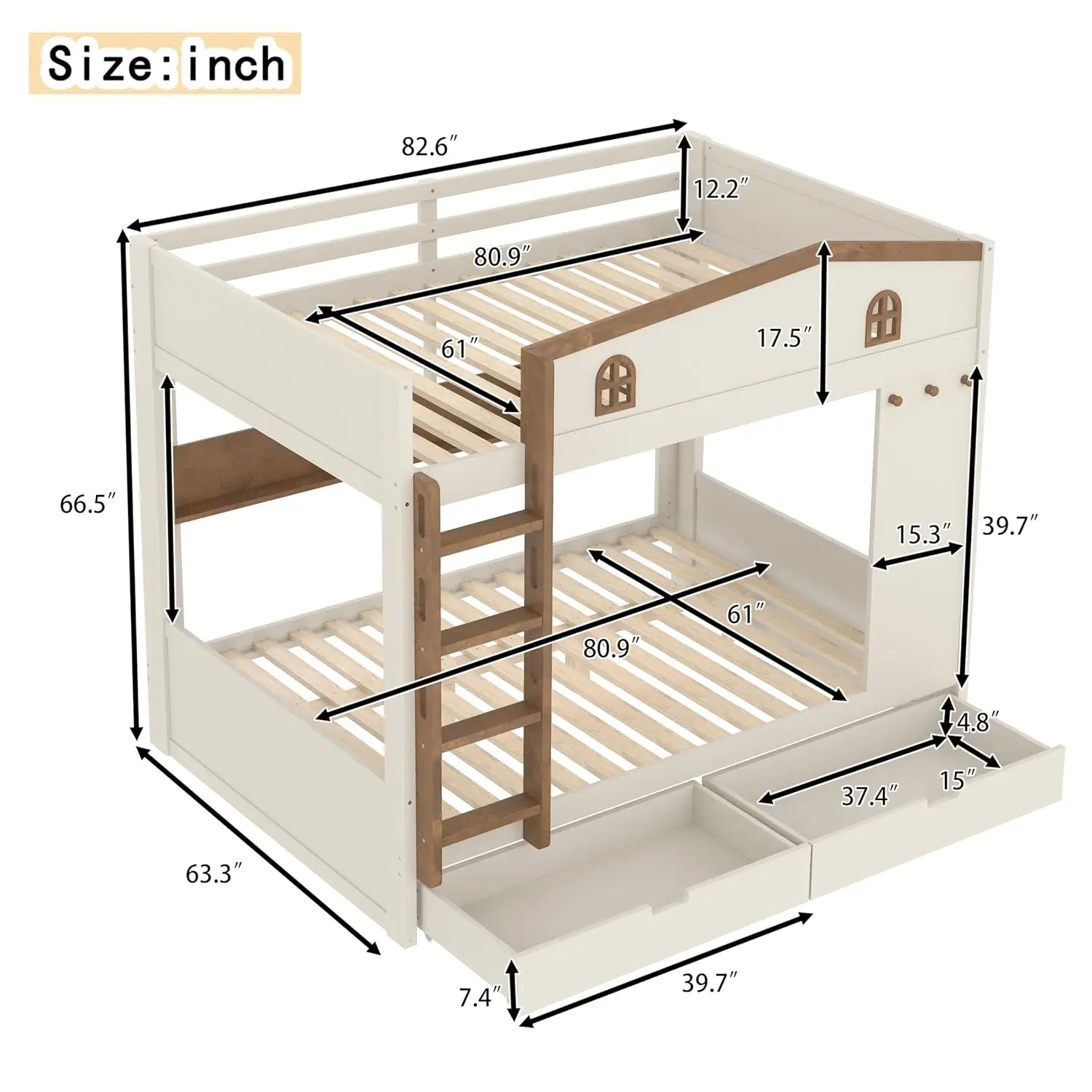 Queen Over Queen Bunk Bed with Storage Drawers Shelves Hooks Beige Natural, Customized image 2