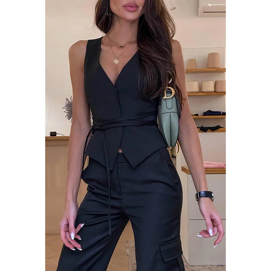 Women s Fashion Waistcoat Solid Color Sleeveless V-Neck Tie-up Vest Office Lady Style Tops