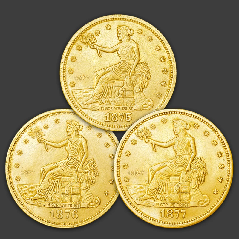 1Pc US 1875/1876/1877 Statue of Liberty Take flower Gold Challenge Commemorative Coin Replica Trade Dollar Collect Home Decor