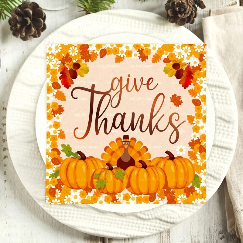 20pcs 33cm 2-Ply Thanksgiving Elements Pumpkin Autumn Tissue Paper Napkins Yellow Background Turkey Full Page Print Napkins