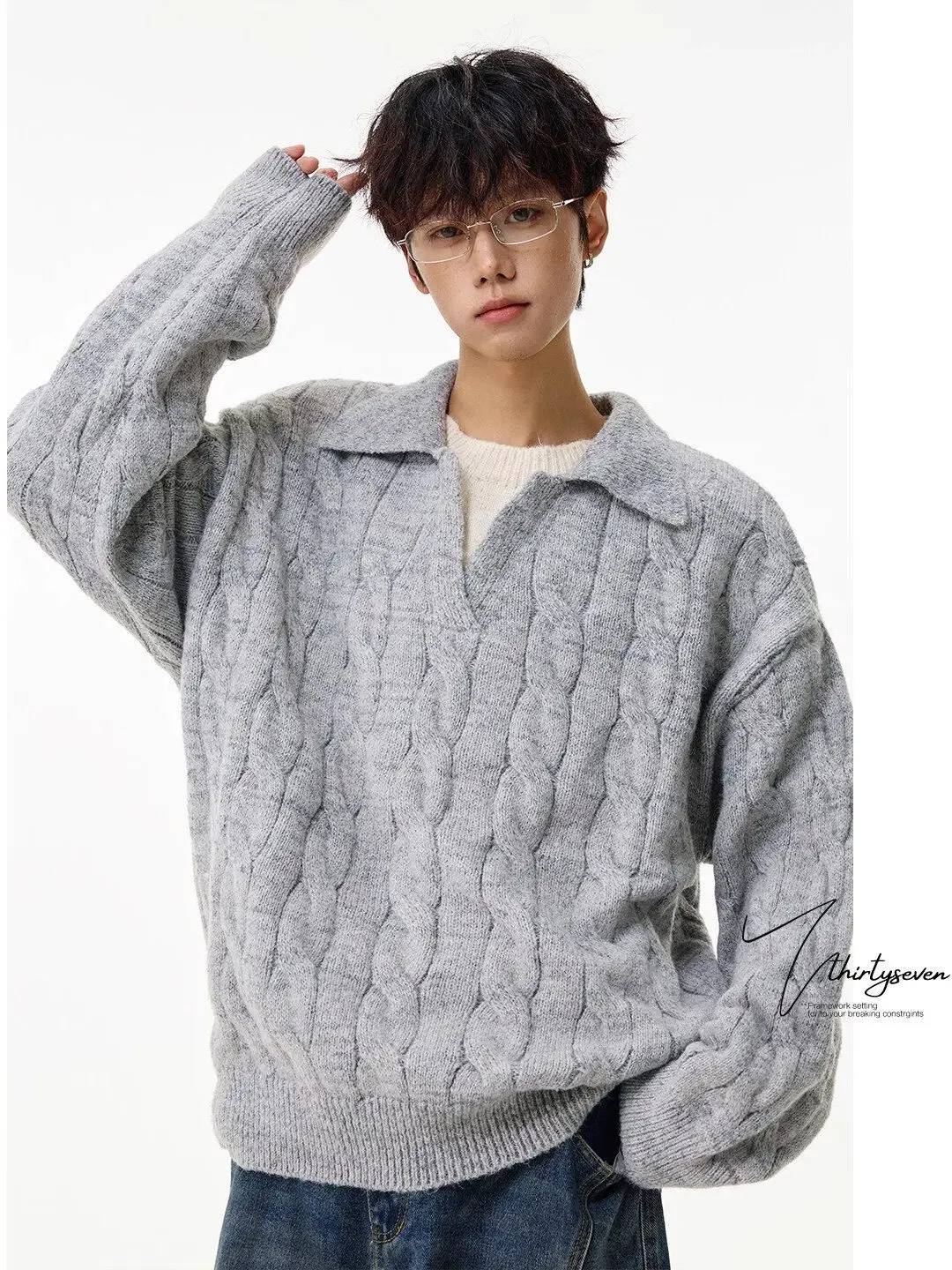 

Мужской вязаный свитер в корейском стиле: теплый, с узором косы, повседневный, зимний, модный, уютный пуловер, имитация двухслойности