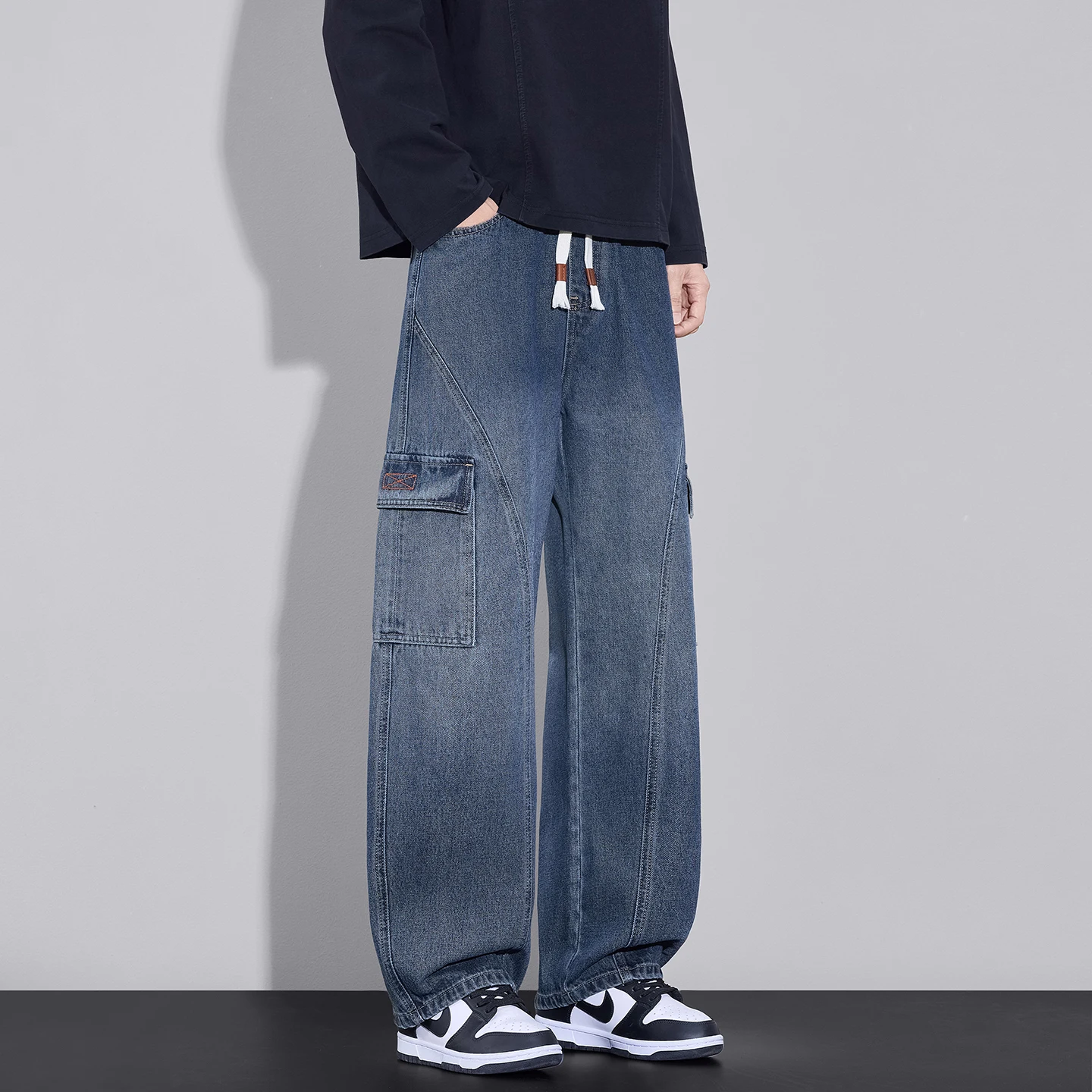 Men Wide Leg Cargo Denim Pants Drawstring Elastic Waist Multi Side Pockets Loose Baggy Jeans Street Style Casual Daily Trousers