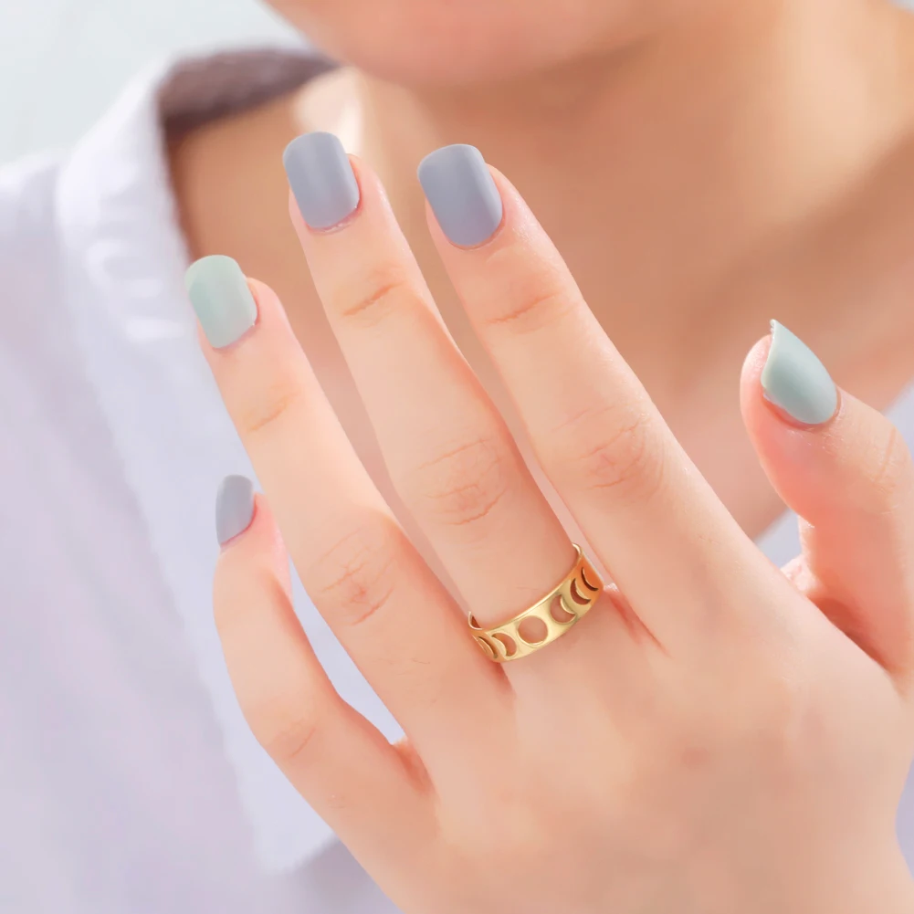 Unique Moon‑Phase Crescent‑Moon‑Shape Stainless‑Steel Ring for Women, Gold‑Tone Trendy Finger‑Ring, 2026 Fashion Jewelry, Wholesale Available