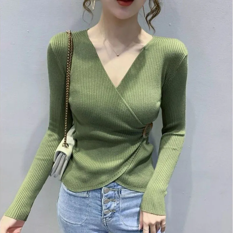 Women Clothing Fashion Chic V-Neck Knitted Top Spring Autumn Crossover Design Knitwear Lady Commute Simplicity Cozy Pullover