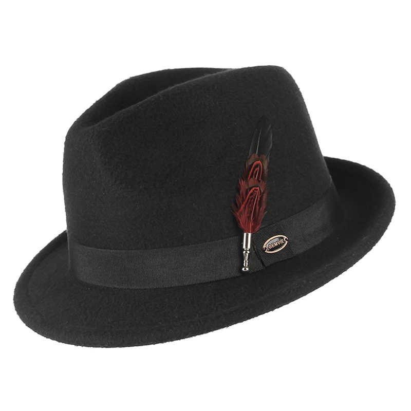 Vintage czarne filcowe czapki jazzowe dla mężczyzn i kobiet z krótkim rondem Gentleman Miękki kapelusz Fedora Trilby z piórkiem