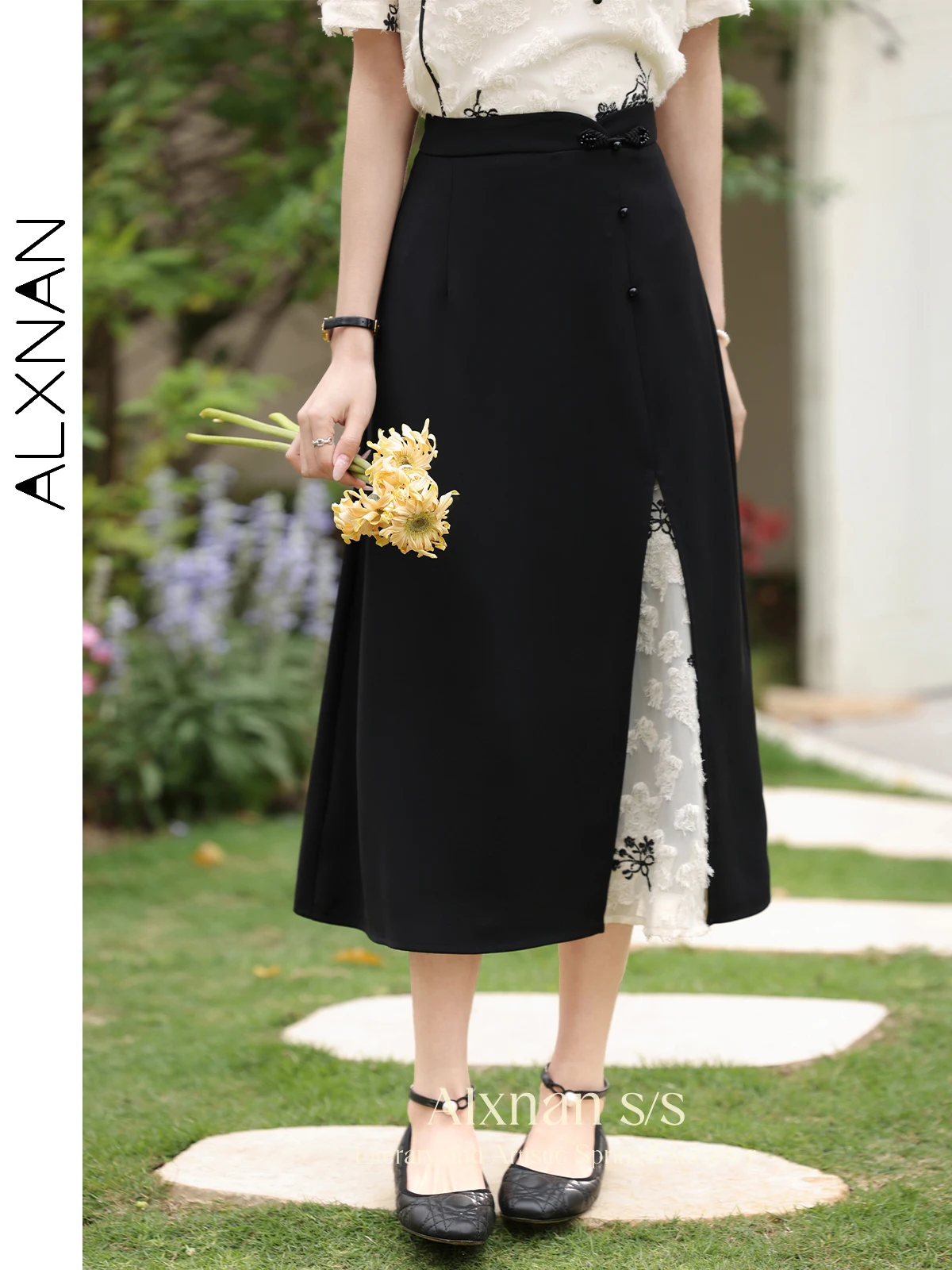 

ALXNAN Slit Skirts for Women 2024 Summer Black High Waisted Elegant Midi Patchwork A-line Chinese Style New Female Skirt L33931