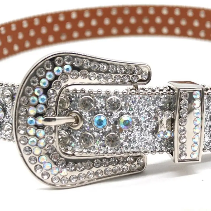 

31BF Ремень со стразами, модный кожаный ремень в стиле вестерн с блестящими кристаллами и шипами, аксессуар