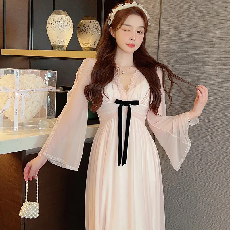 Women Nightgowns Satin Silk Spaghetti Strap Sleepwear Lace Nightwear Bow Sweet Dress Sexy Lingerie Mesh Homedress Nightdress